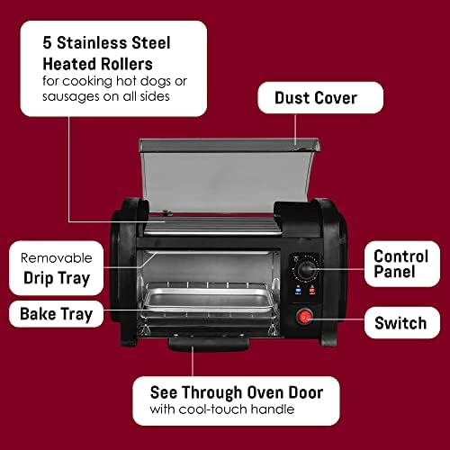 Elite Gourmet EHD-051B Hot Dog Toaster Oven, Steel Rollers, 4-Bun, Black