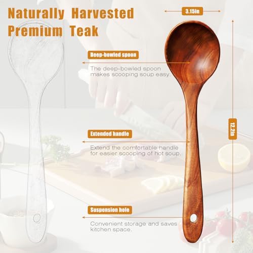 Wooden Spoons for Cooking, 1 Pcs Natural Teak Wooden Cooking Spoons for Non-Stick