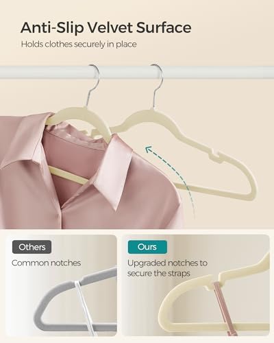 SONGMICS Velvet Hangers 50 Pack, Non-Slip Clothes Hangers with Shoulder Notches, Pants Bar, 360° Swivel Hook, Space-Saving, for Closet, Summer Sand UCRF029K05