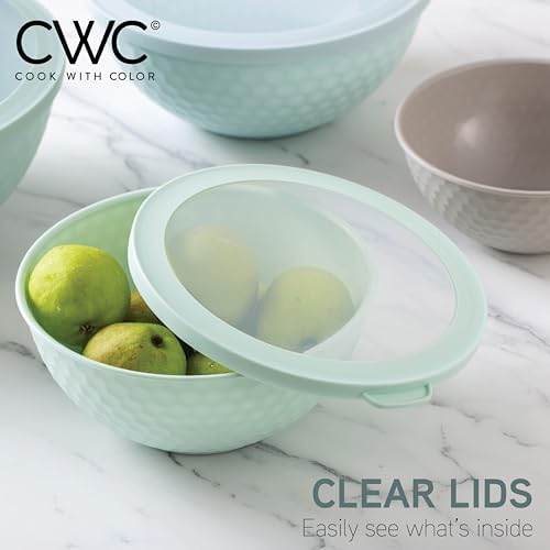 COOK WITH COLOR Mixing Bowls with Lids - 12 Piece Plastic Nesting Bowls Set includes 6 Prep Bowls and 6 Lids, Microwave Safe Mixing Bowl Set, Mint Embossed