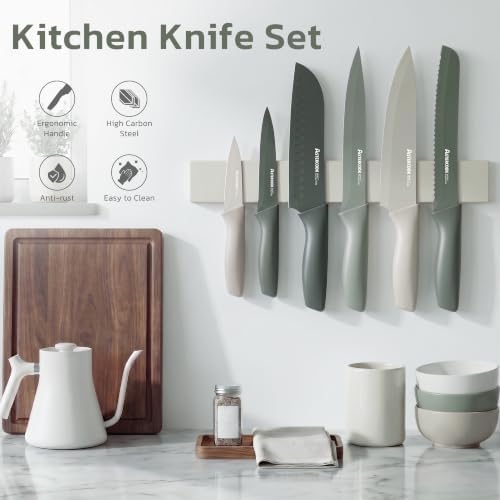 Astercook Knife Set, 13 Pieces Kitchen Knives Set with Healthy Anti-Rust Coating, Dishwasher Safe, Stainless Steel Chef Knife Sets with 6 Blade Guards, Perfect Holiday Gifts for Kitchen Green