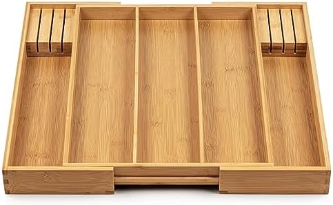 Purawood Kitchen Drawer Organizer with Knife Blocks - Utensil Drawer Organizer for Kitchen, Cutlery Tray & Silverware Organizer, 3-5 Slots - Bamboo Organizer for Utensils & Flatware (Natural)