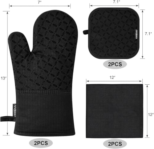 KEGOUU Oven Mitts and Pot Holders 6pcs Set, Kitchen Oven Glove High Heat Resistant 500 Degree Extra Long Oven Mitts and Potholder with Non-Slip Silicone Surface for Cooking (Black)