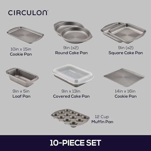 Circulon Total Nonstick Bakeware Set, Metal Baking Pans Set, 10-Piece, Gray