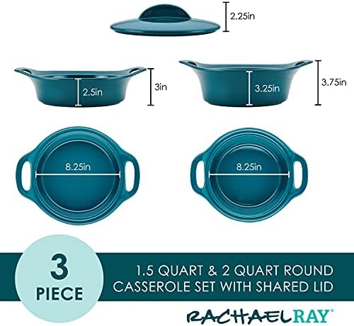 Rachael Ray Solid Glaze Ceramics Casserole Bakeware/Baker Set with Shared Lid, 3 Piece, Teal