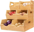 HOMESTEAD 3-Tier Bamboo Pantry Storage Bins – Stackable Potato & Onion Storage Bin with Handles, Fruit Basket & Produce Organizer for Kitchen Countertop, Pantry Organization, Set of 5