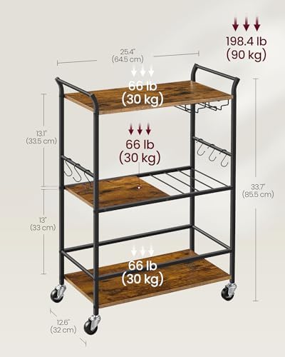 VASAGLE Bar Cart with Wheels, Drink Cart with Wine Rack and Glass Holder