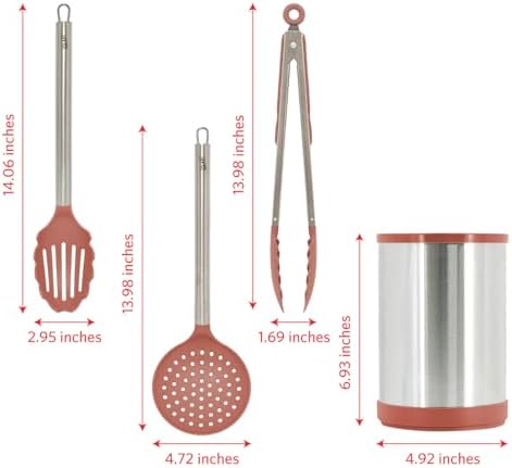 Glad Kitchen Utensils Set, 8pcs - Nonstick Cooking Tools with Stainless Steel Handles & Rotating Utensil Holder - Turners, Ladle, Spoon, Tongs, Spaghetti Server, and Skimmer - Dishwasher Safe, Rust