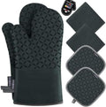 KEGOUU Oven Mitts and Pot Holders 6pcs Set, Kitchen Oven Glove High Heat Resistant 500 Degree Extra Long Oven Mitts and Potholder with Non-Slip Silicone Surface for Cooking (Deep Green)