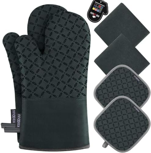 KEGOUU Oven Mitts and Pot Holders 6pcs Set, Kitchen Oven Glove High Heat Resistant 500 Degree Extra Long Oven Mitts and Potholder with Non-Slip Silicone Surface for Cooking (Deep Green)
