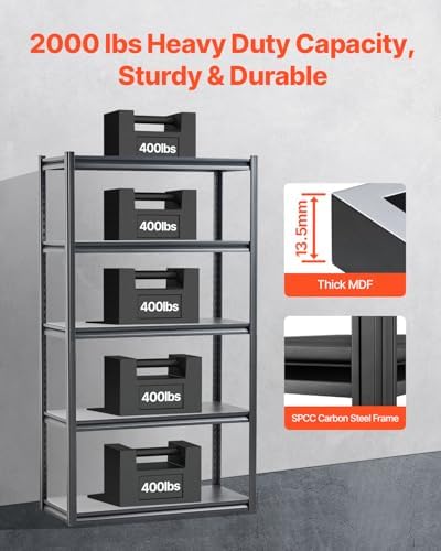 VEVOR Storage Shelves, 5-Tier Adjustable, 3000 lbs Capacity, Heavy Duty Garage Storage Shelving Unit, Metal Utility Rack Shelf, for Garage Warehouse Basement Kitchen, 40.55" W x 18.31" D x 71.38" H