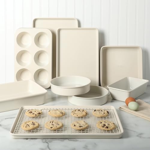 Martha Stewart Gallen 10 Piece Baking Pans Ceramic PFA Free Non Toxic Non Stick Bakeware Set - Linen White