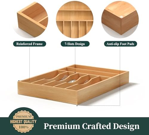Silverware Organizer, Bamboo Kitchen Drawer Organizer, Utensil Holder, Cutlery Tray & Spoon Flatware Storage with Grooved Drawer Dividers (11''W x 16''D)