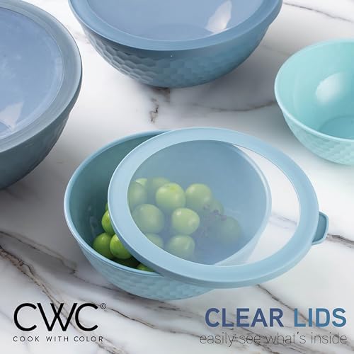 COOK WITH COLOR Mixing Bowls with Lids - 12 Piece Plastic Nesting Bowls Set includes 6 Prep Bowls and 6 Lids, Microwave Safe Mixing Bowl Set, Blue Embossed
