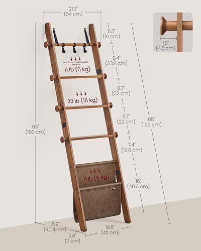 VASAGLE Blanket Ladder, 5-Tier Pine Wood Ladder Shelf with PU Leather Bag
