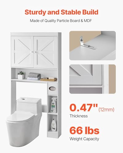 VEVOR Over The Toilet Storage Cabinet, 67.44‘’ Height Bathroom Storage Cabinet Over Toilet with Barn Door and Adjustable Shelf, Bathroom Space-Saving Toilet Rack White Wood with Open Shelf