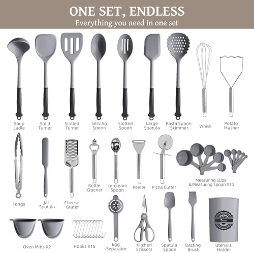 Kikcoin 43 PCS Silicone Kitchen Utensils Set, Dishwasher Safe Kitchen Cooking Utensils Set, 446°F Spatulas Silicone Heat Resistant, Non Toxic Silicone Utensils Set With Two-Tone Grip Handles, Gray