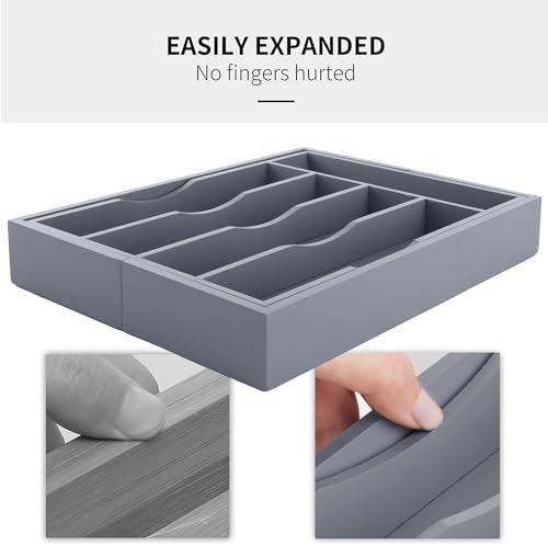 Expandable Bamboo Kitchen Drawer Organizer for Cutlery and Utensils, Adjustable Bamboo Wood Cutlery Tray in Drawer for Flatware and Silverware in Kitchen, (Grey)