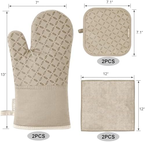 KEGOUU Oven Mitts and Pot Holders 6pcs Set, Kitchen Oven Glove High Heat Resistant 500 Degree Extra Long Oven Mitts and Potholder with Non-Slip Silicone Surface for Cooking (Almond)