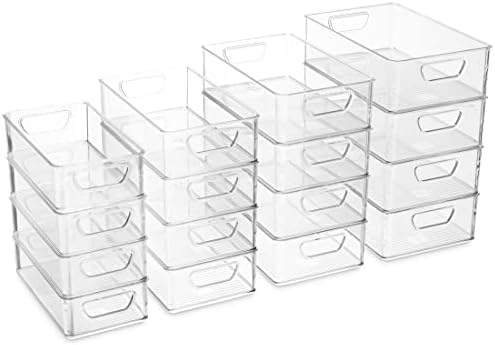 Munfix Set Of 16 Refrigerator Organizer Bins - Plastic Pantry Organization and Storage Baskets - Stackable Food Fridge Organizers with Cutout Handles for Freezer, Kitchen, Countertops, Cabinets