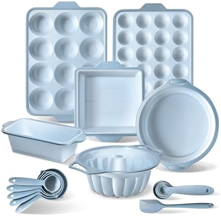 COOK WITH COLOR 17 Pc. Silicone Baking Pan Set - Non-Stick & Easy Clean Silicone Muffin Pans for Baking with Sturdy Metal Frame for Stability, Flexible Cake Molds, Includes Measuring Cups and Spoons