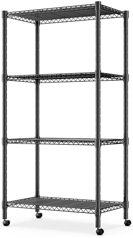 Simple Deluxe 4-Tier Heavy Duty Adjustable Storage Shelf with Wheels, 23.23”W x 17.63”D x 47.24”H, Wide Mobile Metal Shelving Unit, Easy Assembly for Living Room, Office,Black