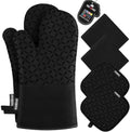 KEGOUU Oven Mitts and Pot Holders 6pcs Set, Kitchen Oven Glove High Heat Resistant 500 Degree Extra Long Oven Mitts and Potholder with Non-Slip Silicone Surface for Cooking (Black)