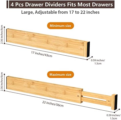 4 Pack Bamboo Drawer Dividers 17-22" Adjustable Kitchen Organizer, Natural