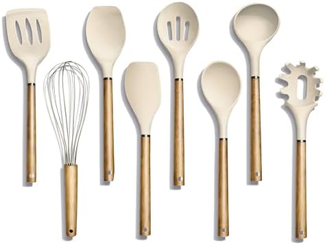 Country Kitchen Non Stick Silicone Utensil Set with Rounded Wood Handles for Cooking and Baking, Khaki, 8 Piece Set (Pack of 12)