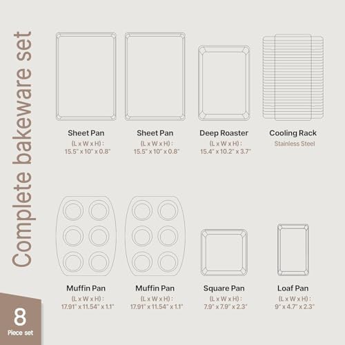 Bakken 8-Piece Ceramic Coated Bakeware Sets, Nonstick Aluminized Steel Pans with Muffin, Loaf, Cake, Roasting Pan, & Cooling Rack, Oven Safe Up To 500°F, Dishwasher Safe, BPA, PTFE & PFAS Free, Pink