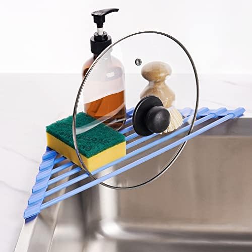 Tomorotec Triangle Roll Up Dish Drying Rack with Silicone Coating, Blue