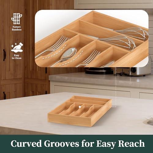 Silverware Organizer, Bamboo Kitchen Drawer Organizer, Utensil Holder, Cutlery Tray & Spoon Flatware Storage with Grooved Drawer Dividers (10''W x 16''D)