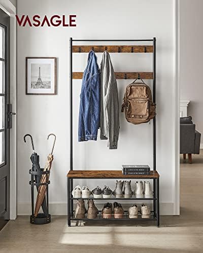 VASAGLE Coat Rack, Hall Tree with Shoe Storage Bench, 3-in-1, Steel Frame