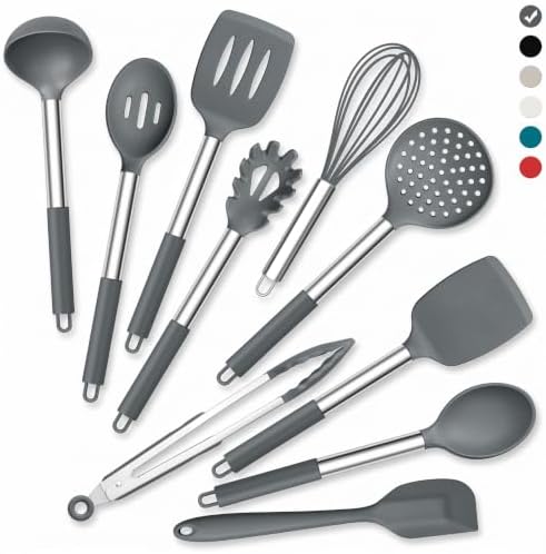 Onader 10 Pieces Silicone Kitchen Utensils Set, Cooking Utensils with Holder and Heat Resistant Stainless Steel Handle for Nonstick Cookware -Gray