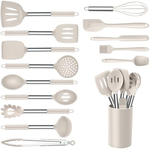 Onader Silicone Cooking Utensils Set of 15, Kitchen Utensils Set with Holder for Nonstick Cookware, 446°F Heat Resistant Stainless Steel Handle - Khaki