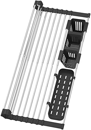 Black Expandable Roll Up Dish Drying Rack Up to 22.8''with 2 Storage Baskets,Over The Sink Kitchen Rolling up Dish Drainer Drying Rack , Foldable,Rollable,for Kitchen Dishes(Expandable Width Size)