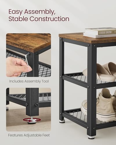 VASAGLE 3-Tier Shoe Rack, Storage Bench with Metal Mesh Shelves and Seat