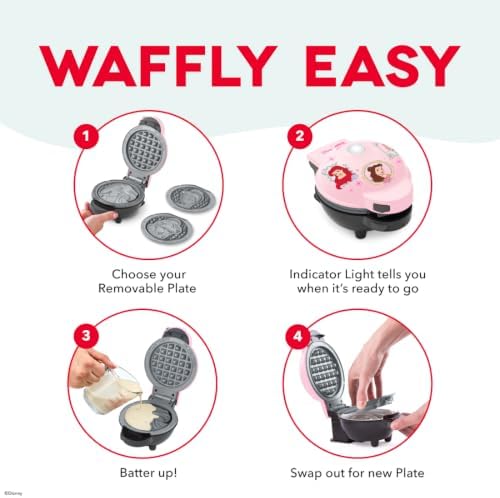 Disney | Dash Princess MultiMaker Mini Waffle Maker, Ceramic Nonstick, Pink