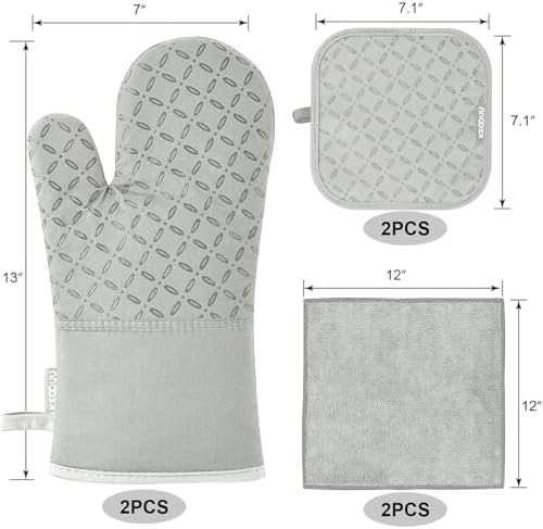 KEGOUU Oven Mitts and Pot Holders 6pcs Set, Kitchen Oven Glove High Heat Resistant 500 Degree Extra Long Oven Mitts and Potholder with Non-Slip Silicone Surface for Cooking （Greenish Gary）