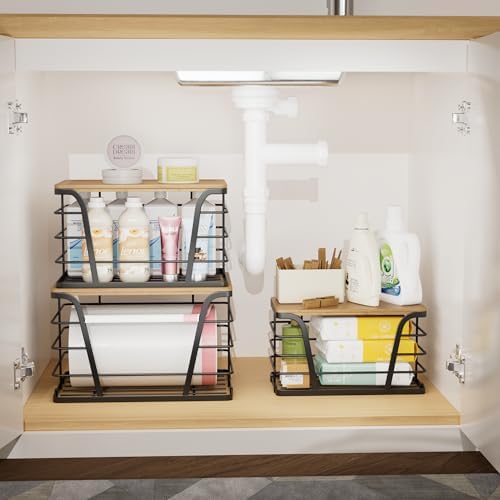 TIDIIABODE 3 Pack Stackable Pantry Organizer, Trash Bag Dispenser Under Sink, Kitchen Organization and Storage, Kitchen Counter Organizer, Black