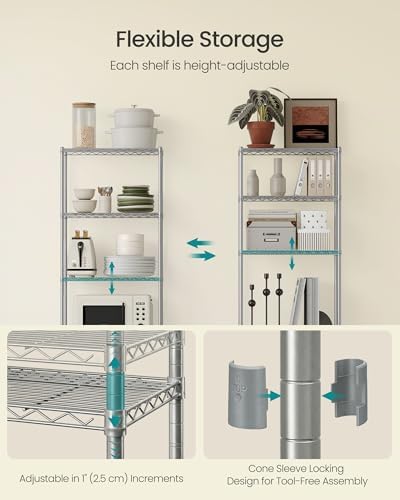 SONGMICS 5-Tier Storage Shelves, Adjustable Wire Shelving Unit, 8 Hooks