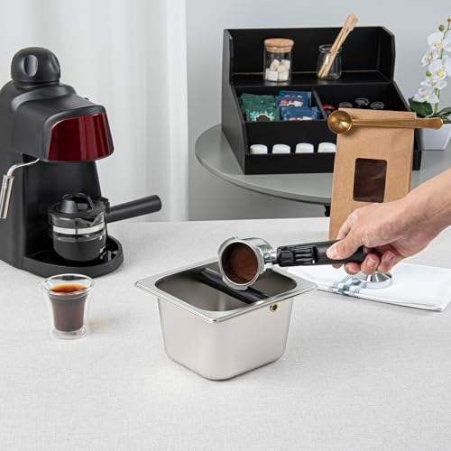 Restaurantware Espresso Knock Box - 1 Case - 4" Inch Deep Stainless Steel Basin Coffee Ground Bin - Removable Knock Bar With Non-Slip Base, Silver Coffee Puck Container For Home Barista Use
