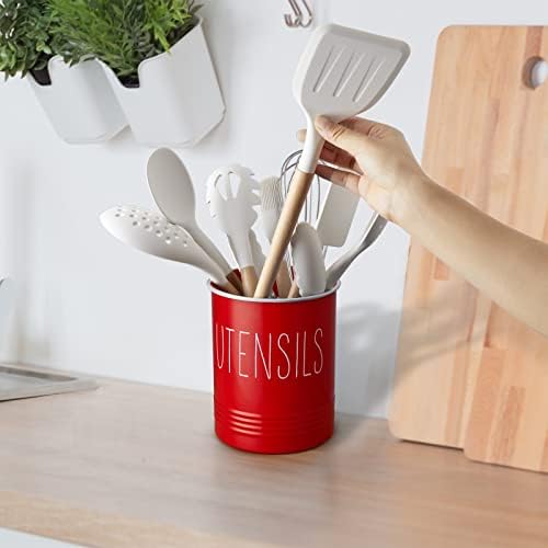 Bivvclaz Kitchen Utensil Holder - 6.7" Utensil Holder for Kitchen Counter - Cooking Utensil Crock with Cork Bottom - Red Decor and Accessories - Countertop Utensil Storage Caddy Organizer