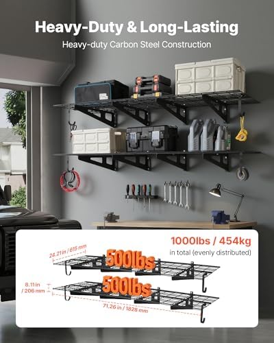 VEVOR 2-Pack Heavy Duty Garage Wall Shelving, 2 x 6 ft Steel Wall Mounted Shelving Unit with Hooks, 24 x 72 Inch Per Shelf Floating Storage Metal Rack, 1000 lbs Total Weight Capacity
