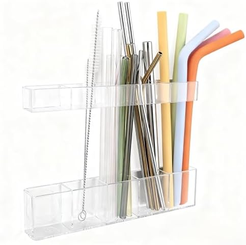 Acrylic Straw Holder for Cabinet Door - Child-Safe Organizer & Dispenser with Smooth Rounded Edges for Kitchen Accessories Storage, Adhesive Circles Included (Clear Transparent)