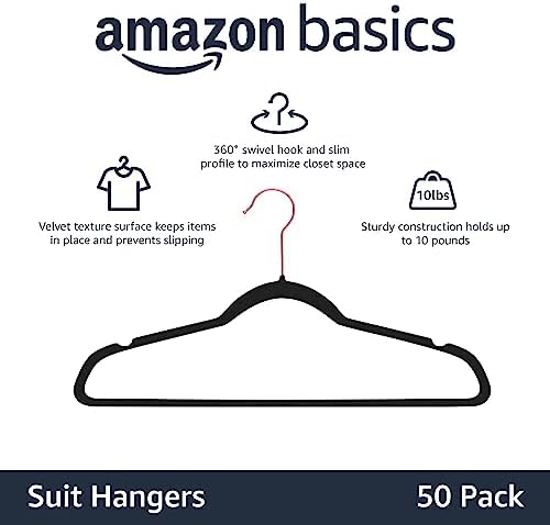 Amazon Basics Slim Velvet Non-Slip Space Saving Suit Clothes Hangers for Closet Organization, Black/Rose Gold, 50-Pack