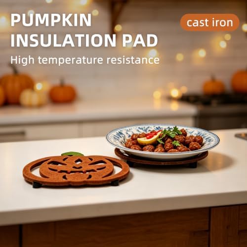 Halloween Cast Iron Pumpkin Trivet for Hot Pots, 6.8in Jack‑o‑Lantern Pot Holder with Heat Resistant Glove, Halloween Kitchen Accessories, Kitchen Halloween Decor for Fall Table 2pc
