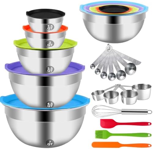 WEPSEN Mixing Bowls with Lid Set, 25PCS Kitchen Utensils Metal Bowl Stainless Steel Nesting Bowls, Measuring Cups and Spoons, Egg Whisk for Baking Prepping Cooking Serving Supplies