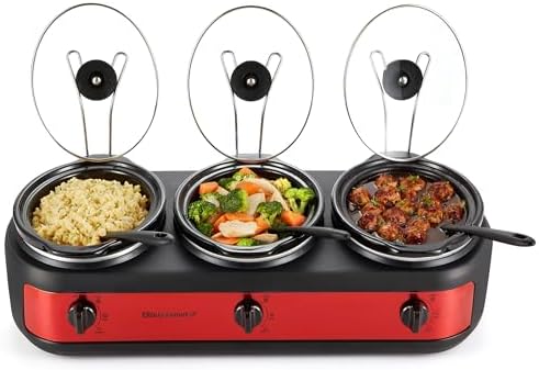 Elite Gourmet EWMST-325R Triple Slow Cooker Buffet Server, 3 x 2.5 Qt, Red