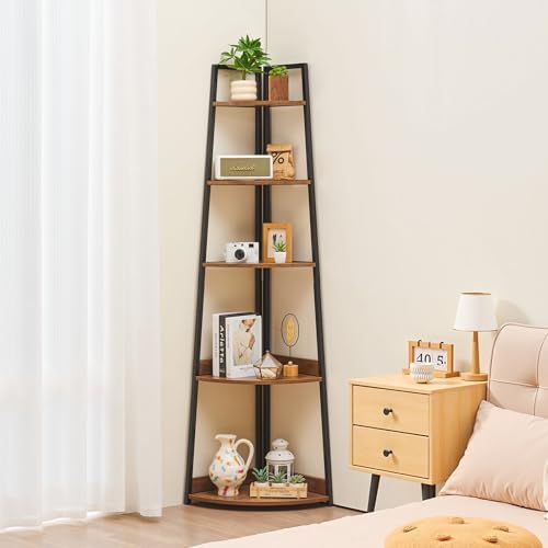 VEVOR 5 Tier Corner Shelf, Tall Corner Bookshelf Plant Rack, Wall Shelves Tower Storage Organizer with Metal Frame & Wooden Shelves, Narrow Display Book Shelf Rack for Bedroom, Living Room, Office